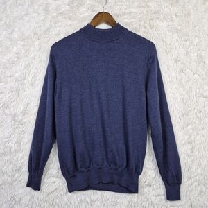 Bernini Mens M Blue Mock Neck Extra Fine Merino Wool Sweater Quiet Luxury Preppy